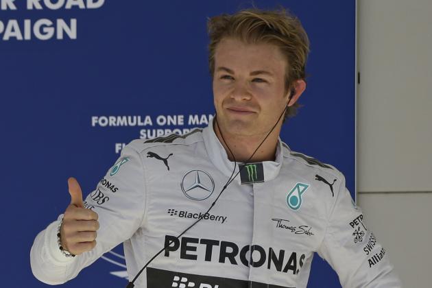 Mercedes driver Nico Rosberg, of Germany, gives the thumbs up after qualifying for pole position in the Formula One U.S. Grand Prix auto race at the Circuit of the Americas, Saturday, Nov. 1, 2014, in Austin, Texas. (AP Photo/Darron Cummings)