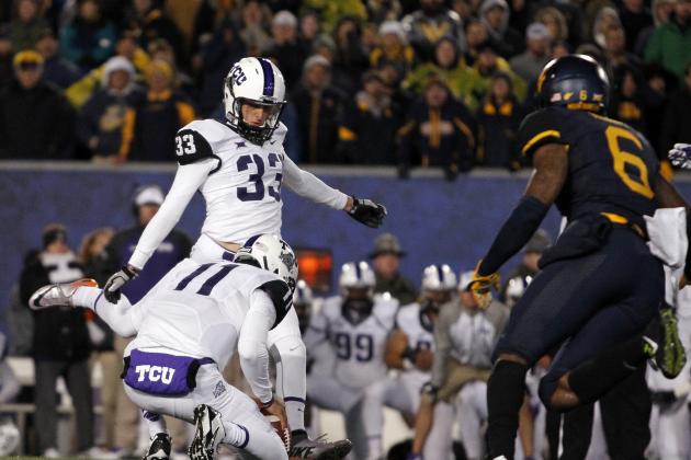 MORGANTOWN, WV - NOVEMBER 01:  Jaden Oberkrom #33 of the TCU Horned Frogs kicks the game winning field goal in the fourth quarter during the game against the West Virginia Mountaineers on November 1, 2014 at Mountaineer Field in Morgantown, West Virginia.  TCU defeated WVU 31-30.  (Photo by Justin K. Aller/Getty Images)