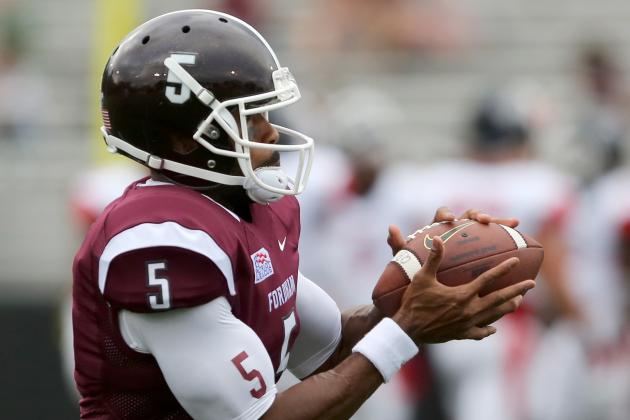 Fordham Rams Tebucky Jones #5 in pre game against the St. Francis (PA) Red Flash before a college football game on Saturday, August 30, 2014 in the Bronx, NY. Fordham won the game 53-22. (AP Photo/Gregory Payan)