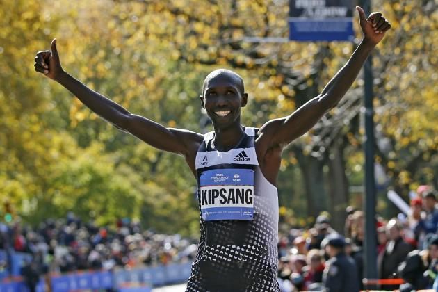 Wilson Kipsang of Kenya celebrates on the finish line after winning the the men's division of the 44th annual New York City Marathon in New York, Sunday, Nov. 2, 2014.  (AP Photo/Kathy Willens)