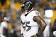 Baltimore Ravens outside linebacker Terrell Suggs (55) warms up with the team before the NFL football game against the Pittsburgh Steelers, Sunday, Nov. 2, 2014, in Pittsburgh. (AP Photo/Don Wright)