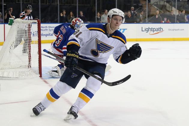 NEW YORK, NY - NOVEMBER 03:  Vladimir Tarasenko #91 of the St. Louis Blues celebrates his game winning shootout goal against the New York Rangers  at Madison Square Garden on November 3, 2014 in New York City. The Blues defeated the Rangers 4-3 in the shootout.  (Photo by Bruce Bennett/Getty Images)
