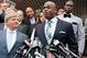 CONROE, TX - NOVEMBER 04: Defense attorney Rusty Hardin, (L) and NFL running back Adrian Peterson of the of the Minnesota Vikings address the media after Peterson plead 'no contest' to a lesser misdemeanor charge of reckless assault on November 4, 2014 in Conroe, Texas. Peterson's plea to the Class A misdemeanor comes with two years of deferred adjudication. Peterson also received a $4,000 fine and 80 hours of required community service. (Photo by Bob Levey/Getty Images)