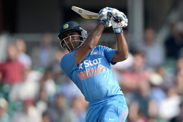 LEEDS, ENGLAND - SEPTEMBER 05: Ambati Rayudu of India hits out for six runs during the 5th Royal London One Day International between England and India at Headingley on September 5, 2014 in Leeds, England. (Photo by Gareth Copley/Getty Images)