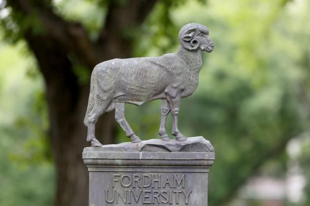 A Fordham Rams statue on campus before a  college football game on Saturday, August 30, 2014 in the Bronx, NY.  (AP Photo/Gregory Payan)