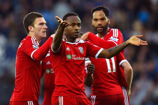 LEICESTER, ENGLAND - NOVEMBER 01:  Saido Berahino of West Brom celebrates with team mates after Esteban Cambiasso of Leicester City scored an own goal during the Barclays Premier League match between Leicester City and West Bromwich Albion at The King Power Stadium on November 1, 2014 in Leicester, England.  (Photo by Laurence Griffiths/Getty Images)