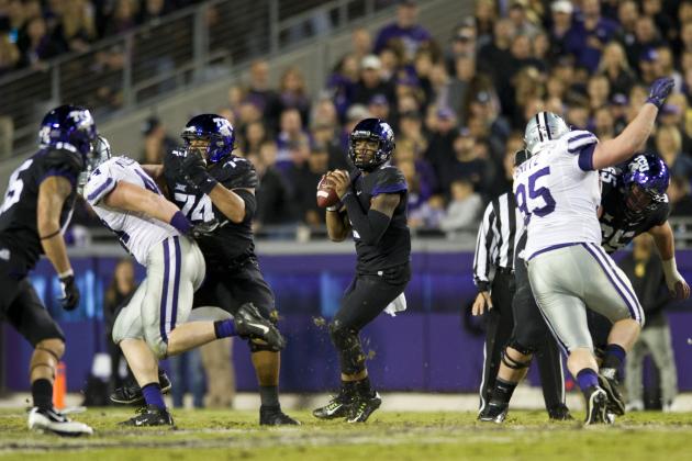 FORT WORTH, TX - NOVEMBER 8:  Trevone Boykin #2 of the TCU Horned Frogs drops back to pass against the Kansas State Wildcats during the 2nd quarter on November 8, 2014 at Amon G. Carter Stadium in Fort Worth, Texas.  (Photo by Cooper Neill/Getty Images)