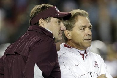 Alabama coach Nick Saban, right, talks with Mississippi State coach Dan Mullen prior to an NCAA college football game at Bryant-Denny Stadium in Tuscaloosa, Ala., Saturday, Oct. 27, 2012. (AP Photo/Dave Martin)