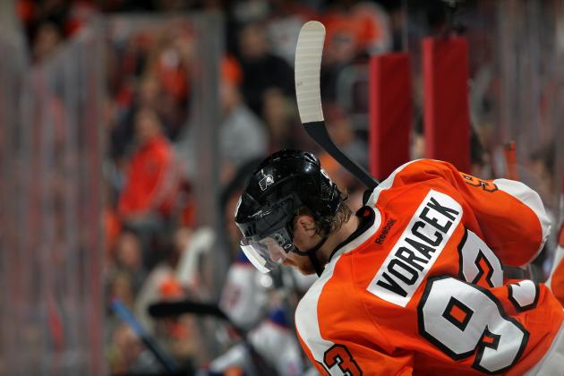 PHILADELPHIA, PA - NOVEMBER 04:  Jakub Voracek #93 of the Philadelphia Flyers looks on from the bench during his game against the Edmonton Oilers on November 4, 2014 at the Wells Fargo Center in Philadelphia, Pennsylvania.  (Photo by Len Redkoles/NHLI via Getty Images)