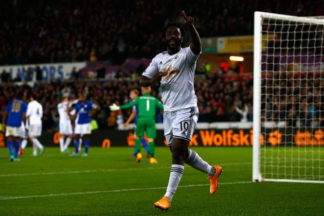 SWANSEA, WALES - OCTOBER 25:  Wilfried Bony of Swansea City celebrates scoring their second goal during the Barclays Premier League match between Swansea City and Leicester City at Liberty Stadium on October 25, 2014 in Swansea, Wales.  (Photo by Clive Rose/Getty Images)
