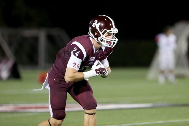 Fordham Rams Brian Wetzel #24 in action against the St, Francis (PA) Red Flash during a college football game on Saturday, August 30, 2014 in the Bronx, NY. (AP Photo/Gregory Payan)