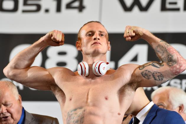 LONDON, ENGLAND - MAY 30: George Groves steps on the scales at the Carl Froch v George Groves - Weigh-In at Wembley Arena on May 30, 2014 in London, England. The WBA & IBF Super Middleweight World Championship fight between Carl Froch and George Groves takes place at Wembley Stadium on Saturday May 31st. (Photo by Justin Setterfield/Getty Images)