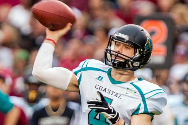 Nov 23, 2013; Columbia, SC, USA; Coastal Carolina Chanticleers quarterback Alex Ross passes against the South Carolina Gamecocks in the first half at Williams-Brice Stadium. Mandatory Credit: Jeff Blake-USA TODAY
