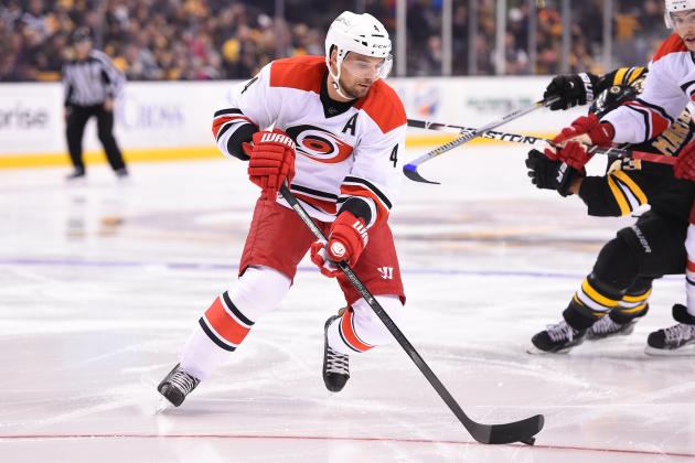 BOSTON, MA - NOVEMBER 15 : Andrej Sekera #4 of the Carolina Hurricanes skates against the Boston Bruins at the TD Garden on November 15, 2014 in Boston, Massachusetts. (Photo by Brian Babineau/NHLI via Getty Images)