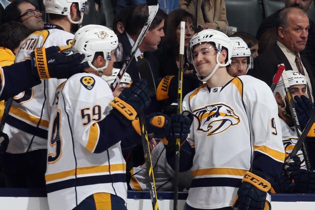 TORONTO, ON - NOVEMBER 18: Filip Forsberg #9 of the Nashville Predators celebrates his goal at 1:26 of the third period against the Toronto Maple Leafs and is joined by Roman Josi #59 at the Air Canada Centre on November 18, 2014 in Toronto, Canada. The Predators defeated the Leafs 9-2. (Photo by Bruce Bennett/Getty Images)