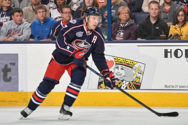 COLUMBUS, OH - OCTOBER 11:  Jack Johnson #7 of the Columbus Blue Jackets skates with the puck against the New York Rangers on October 11, 2014 at Nationwide Arena in Columbus, Ohio.  (Photo by Jamie Sabau/NHLI via Getty Images)