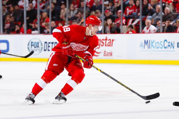 Oct 31, 2014; Detroit, MI, USA; Detroit Red Wings right wing Andrej Nestrasil (49) skates with the puck against the Los Angeles Kings at Joe Louis Arena. Mandatory Credit: Rick Osentoski-USA TODAY Sports