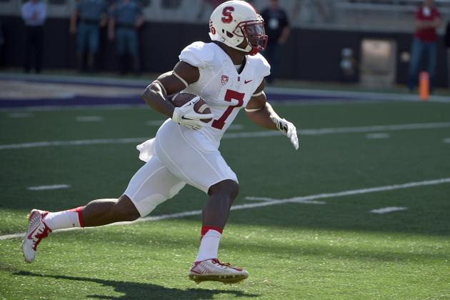 SEATTLE, WA - SEPTEMBER 27: Wide receiver Ty Montgomery #7 of the Stanford Cardinal runs with the ball during the second quarter of the game against the Washington Huskies at Husky Stadium on September 27, 2014 in Seattle, Washington.  (Photo by Steve Dykes/Getty Images)