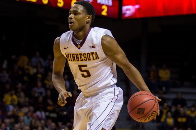 Nov 18, 2014; Minneapolis, MN, USA; Minnesota Golden Gophers guard Daquein McNeil (5) dribbles during the second half against the Western Kentucky Hilltoppers at Williams Arena. Minnesota defeated Western Kentucky 76-54. Mandatory Credit: Brace Hemmelgarn-USA TODAY Sports