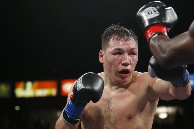 Ruslan Provodnikov, of Russia, in the seventh round of a WBO welterweight title boxing match against Timothy Bradley in Carson, Calif., Saturday, March 16, 2013. (AP Photo/Jae C. Hong)