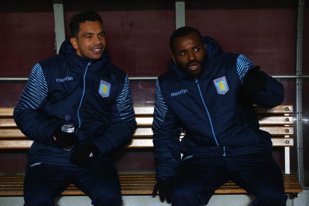 BIRMINGHAM, ENGLAND - NOVEMBER 24: Substitutes Kieran Richardson and Darren Bent of Aston Villa (R) look on from the bench prior to the Barclays Premier League match between Aston Villa and Southampton at Villa Park on November 24, 2014 in Birmingham, England. (Photo by Matthew Lewis/Getty Images)