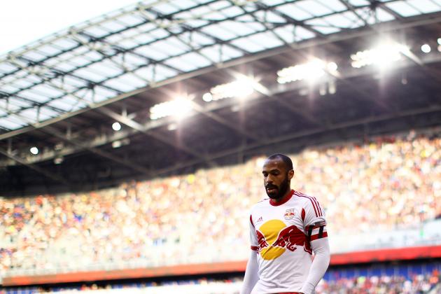 HARRISON, NJ - NOVEMBER 23:  Thierry Henry #14 of New York Red Bulls looks on against the New England Revolution during the Eastern Conference Final - Leg 1 at Red Bull Arena on November 23, 2014 in Harrison, New Jersey. Revolution defeated the Red Bulls 2-1.  (Photo by Mike Stobe/Getty Images)
