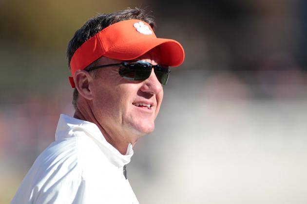 CLEMSON, SC - NOVEMBER 22: Offensive Coordinator Chad Morris of the Clemson Tigers looks on during warm ups prior to the game against the Georgia State Panthers at Memorial Stadium on November 22, 2014 in Clemson, South Carolina. (Photo by Tyler Smith/Getty Images)