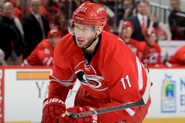RALEIGH, NC - APRIL 10:Jordan Staal #11 of the Carolina Hurricanes skates for position on the ice during their NHL game against the Washington Capitals at PNC Arena on April 10, 2014 in Raleigh, North Carolina. (Photo by Gregg Forwerck/NHLI via Getty Images)