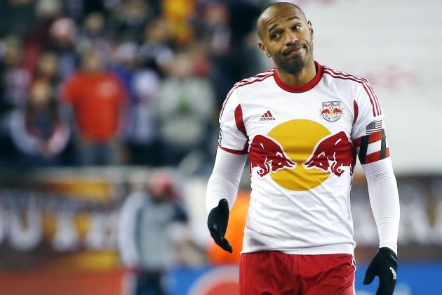 New York Red Bulls forward Thierry Henry gestures during the second half of the second soccer game of the MLS Eastern Conference final in Foxborough, Mass., Saturday, Nov. 29, 2014. The match ended 2-2 and New England advanced with a two-game aggregate 4-3. (AP Photo/Elise Amendola)