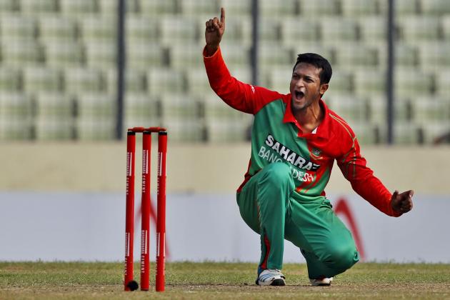 Bangladesh's Shakib Al Hasan reacts after unsuccessful appeal for LBW for the dismissal of Zimbabwe's Solomon Mire during the fifth one day international cricket match between them in Dhaka, Bangladesh, Monday, Dec. 1, 2014. (AP Photo/A.M. Ahad)