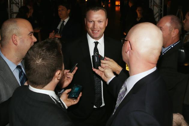 TORONTO, ON - NOVEMBER 17:  Martin Broduer speaks with the media on the red carpet prior to the induction ceremony at the Hockey Hall of Fame on November 17, 2014 in Toronto, Canada.  (Photo by Bruce Bennett/Getty Images)