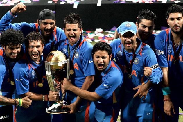 MUMBAI, INDIA - APRIL 02:  India players celebrate after India defeated Sri Lanka  in the 2011 ICC World Cup Final between India and Sri Lanka played at Wankhede Stadium on April 2, 2011 in Mumbai, India.  (Photo by Graham Crouch/Getty Images)