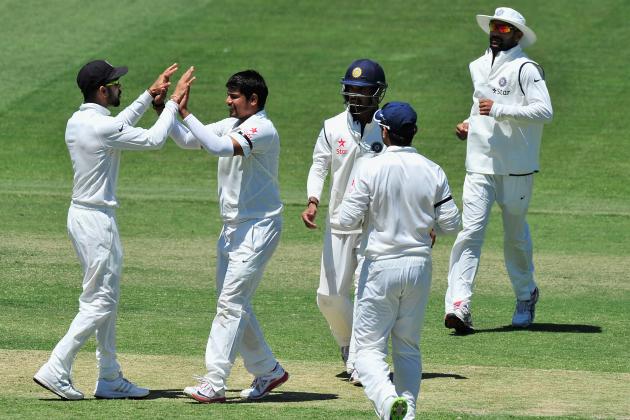 ADELAIDE, AUSTRALIA - DECEMBER 04: Indian players celebrate a dismissal during the international tour match between the Cricket Australia XI and India at Gliderol Stadium on December 4, 2014 in Adelaide, Australia.  (Photo by David Mariuz/Getty Images)