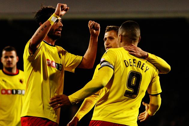 LONDON, ENGLAND - DECEMBER 05:  Troy Deeney (R) of Watford celebrates with team mates Almen Abdi (C) and Fernando Forestieri (L) after scoring his sides fifth goal during the Sky Bet Championship match between Fulham and Watford at Craven Cottage on December 5, 2014 in London, England.  (Photo by Ker Robertson/Getty Images)