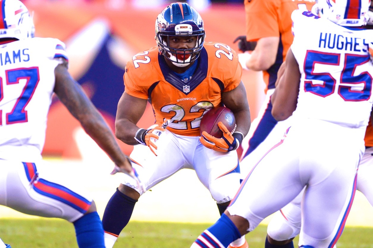 Denver Broncos running back C.J. Anderson celebrates winning the