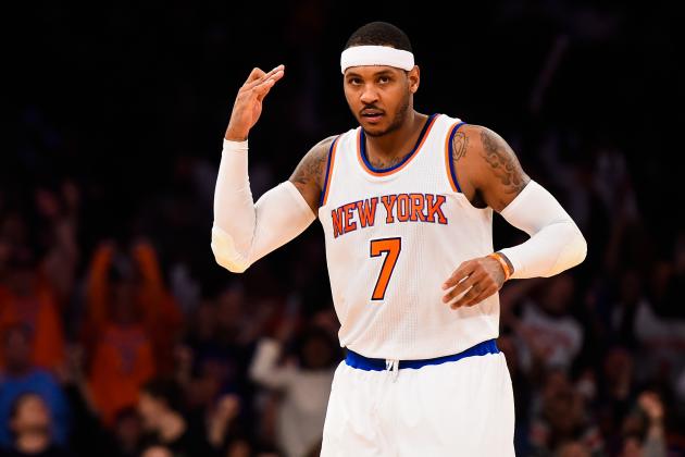 NEW YORK, NY - DECEMBER 07: Carmelo Anthony #7 of the New York Knicks celebrates a basket in the second half during a game against the Portland Trail Blazers at Madison Square Garden on December 7, 2014 in New York City. NOTE TO USER: User expressly acknowledges and agrees that, by downloading and/or using this photograph, user is consenting to the terms and conditions of the Getty Images License Agreement. (Photo by Alex Goodlett/Getty Images)