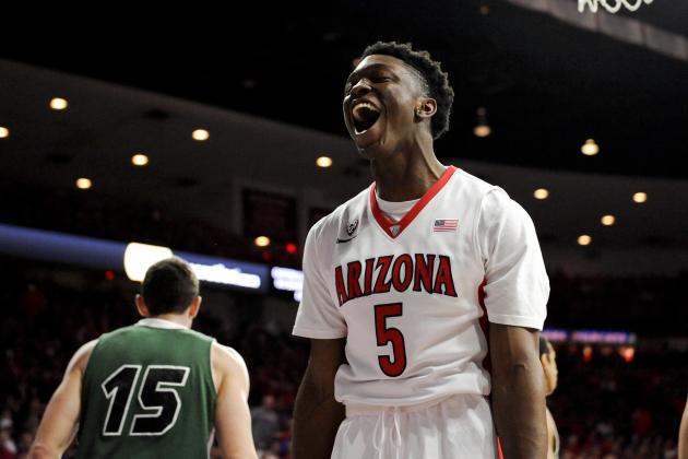 Dec 9, 2014; Tucson, AZ, USA; Arizona Wildcats forward Stanley Johnson (5) celebrates during the first half against the Utah Valley Wolverines at McKale Center. Mandatory Credit: Casey Sapio-USA TODAY Sports