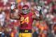 Southern California defensive end Leonard Williams gestures to fans during the first half an NCAA college football game against Notre Dame, Saturday, Nov. 29, 2014, in Los Angeles. Southern California won 49-14. (AP Photo/Mark J. Terrill)