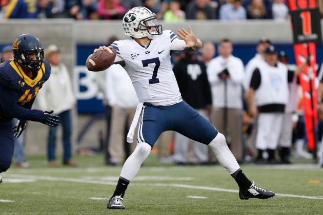 Nov 29, 2014; Berkeley, CA, USA; Brigham Young Cougars quarterback Christian Stewart (7) throws the ball against the California Golden Bears during the first quarter at Memorial Stadium. Mandatory Credit: Kelley L Cox-USA TODAY Sports