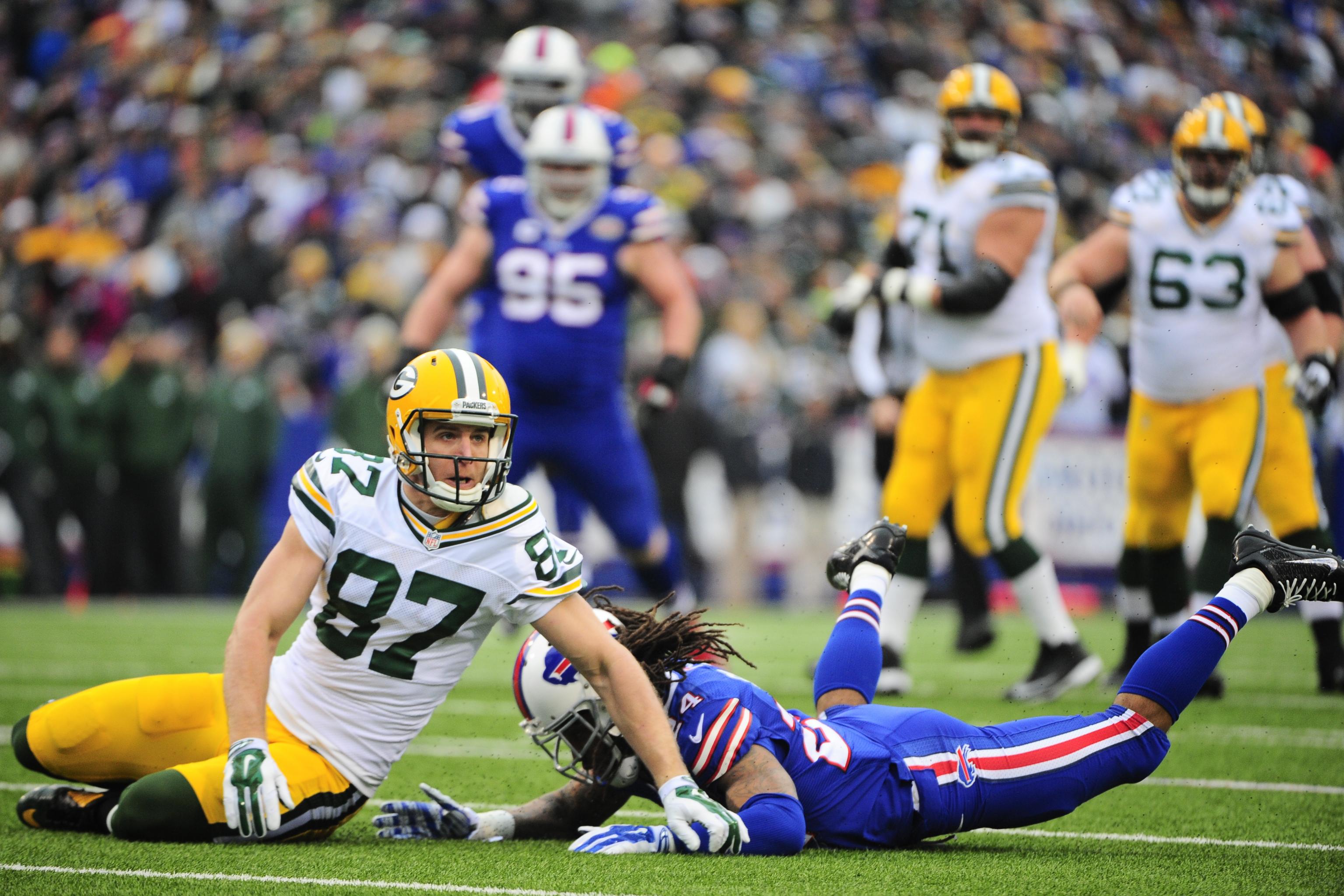 FILE - In this Dec. 11, 2016, file photo, Green Bay Packers' Aaron Rodgers  congratulates Jordy Nelson after a touchdown catch during the second half  of an NFL football game against the