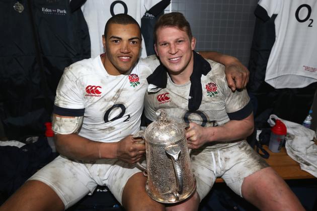 EDINBURGH, SCOTLAND - FEBRUARY 08:  Luther Burrell (L) and Dylan Hartley of  England and Northampton Saints celebrate with the Calcutta Cup after thier victory during the RBS Six Nations match between Scotland and England at Murrayfield Stadium on February 8, 2014 in Edinburgh, Scotland.  (Photo by David Rogers/Getty Images)