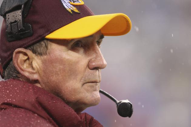 Washington Redskins head coach Mike Shanahan watches his team during the first half of an NFL football game against the New York Giants Sunday, Dec. 29, 2013, in East Rutherford, N.J. (AP Photo/Peter Morgan)