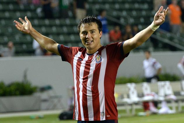 Jul 5, 2014; Carson, CA, USA; Chivas USA forward Erick Torres (9) raises his arms to the crowd celebrating his goal that won the game in extra time against the Montreal Impact at StubHub Center. Mandatory Credit: Jayne Kamin-Oncea-USA TODAY Sports