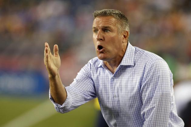 Sep 3, 2014; Foxborough, MA, USA; Sporting KC head coach Peter Vermes yells instructions to his team during the first half against the New England Revolution at Gillette Stadium. The New England Revolution defeated Sporting KC 3-1. Mandatory Credit: Stew Milne-USA TODAY Sports