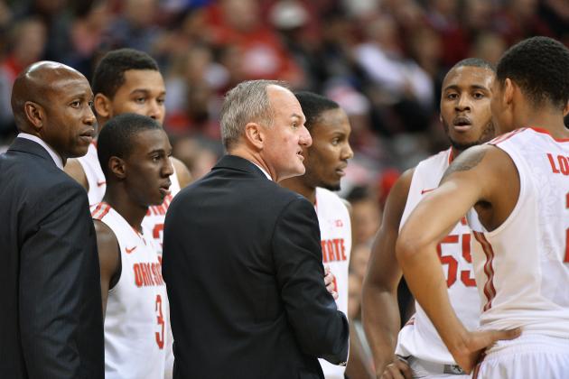 COLUMBUS, OH - NOVEMBER 14:  Head Coach Thad Matta of the Ohio State Buckeyes talks to his team during a timeout in a game against the Massachusetts-Lowell River Hawks on November 14, 2014 at Value City Arena in Columbus, Ohio. Ohio State defeated Massachusetts-Lowel 92-55.  (Photo by Jamie Sabau/Getty Images)