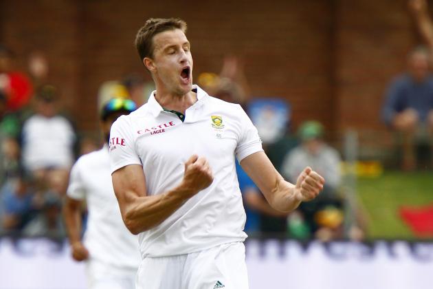 South Africa's Morne Morkel celebrates a wicket with his team during the third day of the second cricket test against West Indies, in Port Elizabeth, South Africa, Sunday, Dec. 28, 2014. (AP Photo/Michael Sheehan)