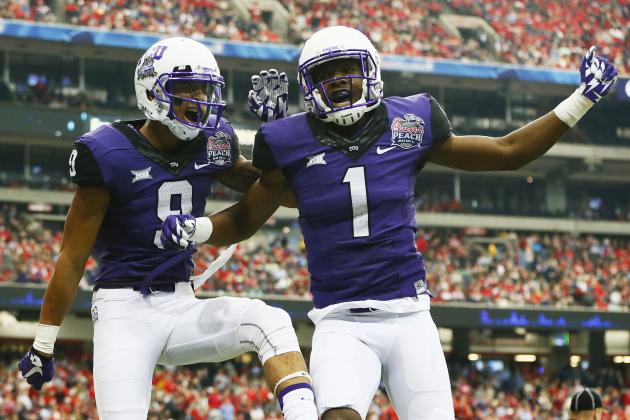 ATLANTA, GA - DECEMBER 31:  Josh Doctson #9 celebrates his touchdown with Emanuel Porter #1 of the TCU Horned Frogs in the second quarter against the Ole Miss Rebels during the Chik-fil-A Peach Bowl at Georgia Dome on December 31, 2014 in Atlanta, Georgia.  (Photo by Kevin C. Cox/Getty Images)