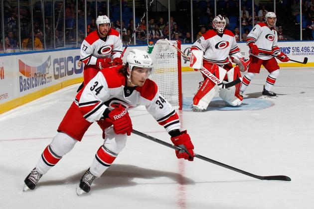 UNIONDALE, NY - SEPTEMBER 24: Phil Di Giuseppe #34 of the Carolina Hurricanes skates against the New York Islanders at the Nassau Veterans Memorial Coliseum on September 24, 2014 in Uniondale, New York. The Hurricanes defeated the Islanders 4-2.  (Photo by Bruce Bennett/Getty Images)