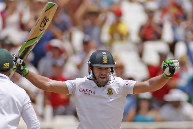 South Africa's AB de Villiers celebrates as he makes hundred runs during the third test  game against  against  West Indies  in Cape Town, South Africa, Sunday, Jan.  4, 2015.  (AP Photo/Schalk van Zuydam)