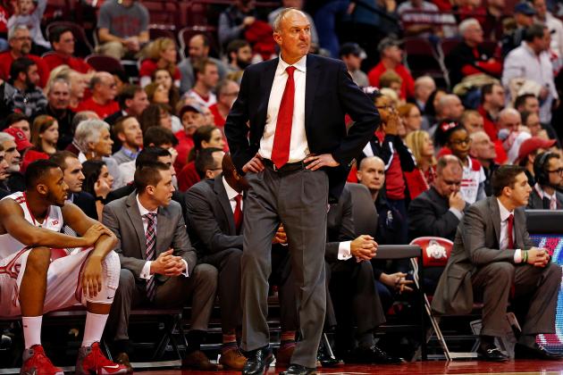COLUMBUS, OH - DECEMBER 30:  Head Coach Thad Matta of the Ohio State Buckeyes watches as his players are defeated by the Iowa Hawkeyes 71-65 at Value City Arena on December 30, 2014 in Columbus, Ohio. (Photo by Kirk Irwin/Getty Images)